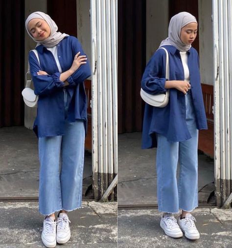 Denim Shirt Hijab Outfit, Ootd Kemeja Navy, Ootd Navy Hijab Casual, Blue Chemise Outfit Hijab, Dark Blue Hijab Outfit, Navy Blue Outfit Hijab, Navy Hijab Outfit, Blue Shirt Outfit Hijab, Navy Blue Hijab Outfit