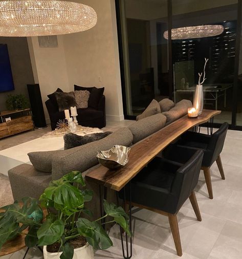 Sofa Table With Bar Stools, Back Of Sectional Table, Sofa With Desk Behind It, Sofa With Bar Table Behind It, Sofa Table Bar Stools, Sofa Table Desk, Console Bar Table Behind Couch, Table Behind Sofa Ideas, Back Of Couch Table Decor