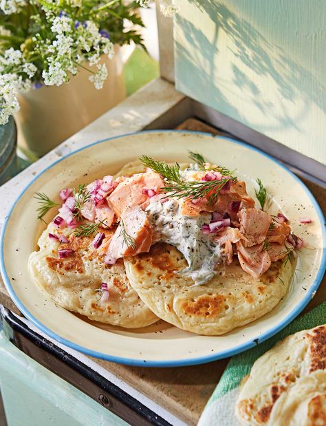 The word ‘pikelet’ is thought to originate from the Welsh bara pyglyd, meaning ‘pitchy bread’. It became a Yorkshire staple in the Victorian era, finished with either sweet or savoury topping. This recipe is topped with smoked trout and a horseradish caper crème fraïche, ideal for breakfast Smoked Trout Sandwich, Smoked Trout Pasta Recipes, Smoked Salmon On Rye Bread, Smoked Trout Breakfast, Smoked Salmon Terrine, Creme Fraiche Recipes, Smoked Trout, Onion Relish, Delicious Donuts