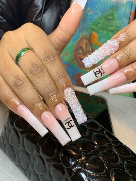 Chanel French Tip Nails, Baddies Nails, Chanel Nail Art, Chanel Nails Design, Chanel Birthday, Chanel Nails, Pedicure Set, Glow Nails, Acrylic Nails Coffin Pink