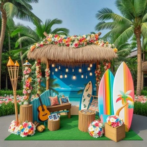 Hawaiian Stage Decorations, Island Theme Backdrop, Hawaii Theme Backdrop, Hawai Party Ideas, Beach Stage Design, Hawaiian Backdrop Ideas, Surfing Party Decorations, Tropical Party Backdrop, Tropical Photo Booth