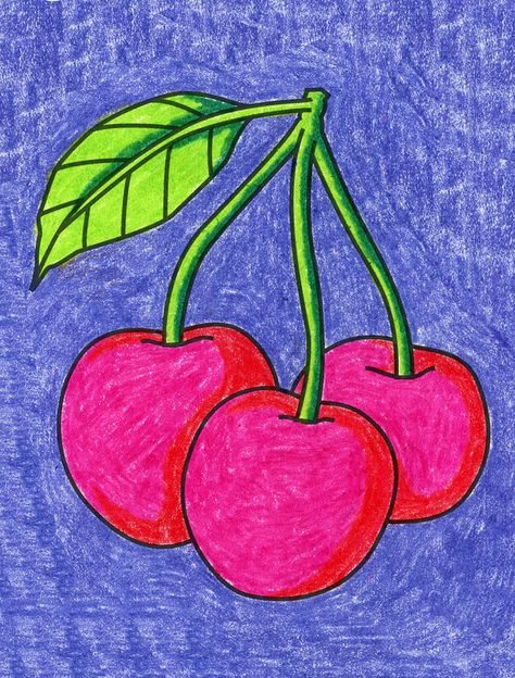 Draw Cherries, Cherry Drawing, Cherries Painting, Child Painting, Oil Pastel Drawings Easy, Seni Pastel, Tutorial Drawing, Fruits Drawing, Art Projects For Kids