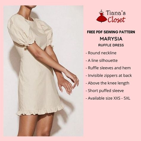 Marysia ruffle dress – free PDF sewing pattern – Tiana's Closet Modest Halter Top, Mini Dress Pattern Sewing Free, Puff Sleeve Dress Sewing Pattern, Puff Sleeve Dress Pattern Free Sewing, Tianas Closet, Puff Sleeve Dress Pattern, Paper To Print, New Dress Pattern, 3d Simulation