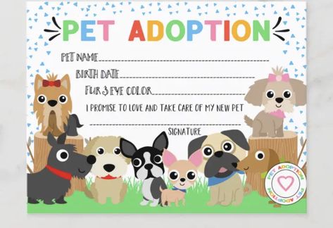 Puppy Adoption Certificate, Pet Adoption Birthday Party, Puppy Party Theme, Pet Adoption Certificate, Pet Adoption Party, Dog Themed Birthday Party, Puppy Birthday Parties, Adoption Party, Adoption Certificate