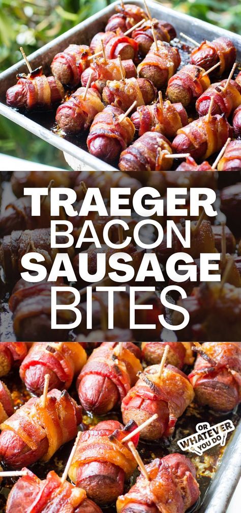 Traeger Bacon Sausage Bites Traeger Bacon, Horderves Appetizers, Pool Food, Bacon Wrapped Sausages, Bacon And Sausage, Sausage Bites, Bacon Wrapped Smokies, Tailgating Food, Traeger Recipes