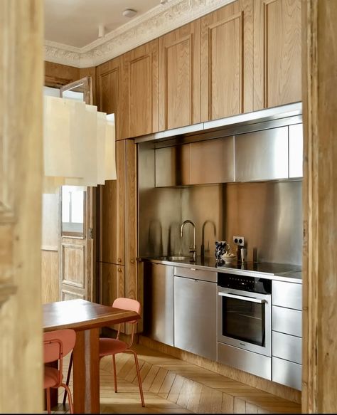 Haussmann Interior, Architectural Digest Kitchen, Plywood Interior, Hidden Kitchen, Sala Grande, Timber Panelling, Art Deco Decor, Ad Magazine, Paris Design