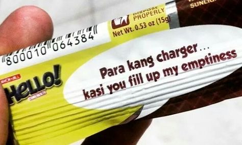 HELLO ! Wafer Snacks  POSTED IN: FILIPINO SNACKS Jack n Jill describes their HELLO! snacks as choco-coated vanilla-filled wafer sandwiches. (They also have a choco-coated chocolate-filled variant.) What makes their snacks memorable to Filipinos is the “hugot lines” on the individual wrappers. 🙂 Pick Up Lines Tagalog, Snack Jack, Filipino Snacks, Nutritional Yeast Recipes, Hugot Quotes, Tagalog Love Quotes, Nutrition Activities, Hugot Lines, Nutrition Quotes