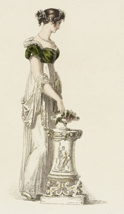 Evening Dress, fashion plate, hand-colored engraving on paper, published in Ackermann's Repository, London, March 1814. 1820 Fashion, Regency Gown, Regency Era Fashion, 1800s Fashion, Regency Dress, Regency Fashion, Fashion Forecasting, 19th Century Fashion, Regency Era