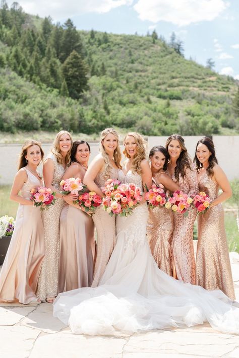 Coral And Tan Wedding, Neutral Bridesmaid Dresses Bright Flowers, Peach And Champagne Wedding Colors, Summer Bridesmaid Dress Colors, Champagne Bridesmaid Dresses Bright Flowers, Champagne Bridesmaid Dresses With Colorful Flowers, Bright Bridesmaid Bouquet, Bridesmaid Color Palette Summer, Sunset Bridesmaids