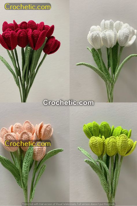 "100 Crochet Ideas: Simple Patterns for Stunning Results!" Crochet Red Flower Bouquet, Green Flower Crochet, Green Crochet Flowers, Red Crochet Flowers, Crochet Tulip Pattern, Diy Crochet Rose, Tulips Crochet, Crochet Vase, Green Tulips