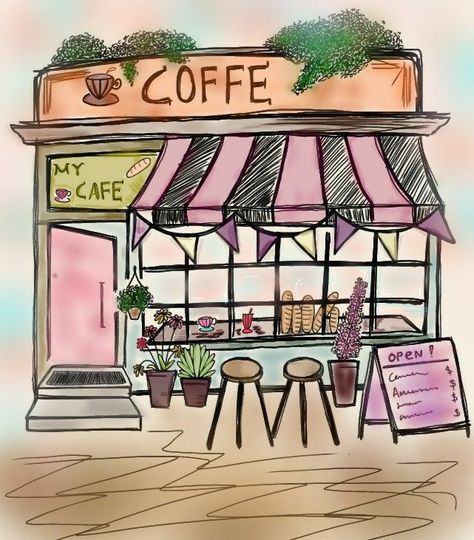 Cafe Drawing Aesthetic, Coffee Shop Drawing, Mountain Drawing, Cafe Art, Girly Drawings, Seni Cat Air, Cute Doodles Drawings, Nature Drawing, Cute Doodle Art