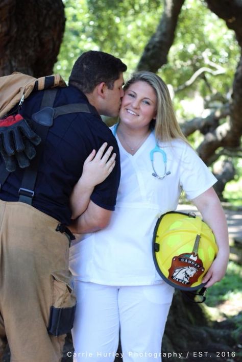 #nurse #firefighter #treatypark #jacksonvilleflorida #florida #relationship #nursefirefighter #love Nurse Engagement Photos, Firefighter Wedding Photos, Firefighter Engagement Pictures, Firefighter Couple, Firefighter Boyfriend, Firefighter Engagement, Pose Prewedding, Nurse Photos, Firefighter Wedding