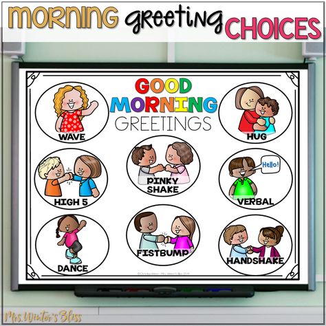 Help build classroom community and have a great day by creating a sign of morning greeting choices! Kindergarten, first grade, and second grade students will love making a greeting choice and greeting their teacher or classmates as they enter the classroom or during morning meeting. #morninggreetingchoices #classroomcommunity #morningmeeting Entering Classroom Greeting, Morning Welcome Classroom, Preschool Morning Greeting Ideas, Morning Classroom Greetings, Preschool Morning Greetings, Classroom Greeting Choices, Morning Greetings For Classroom, Morning Greeting Choices, Classroom Greetings