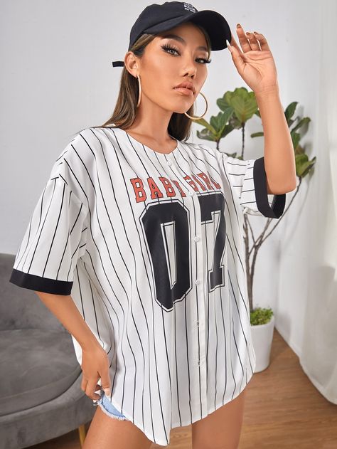 Drop Shoulder Blouse, Game Outfit, Drop Shoulder Tee, Baseball Game, Gaming Clothes, Vertical Stripes, White Casual, Women Tops, Half Sleeve