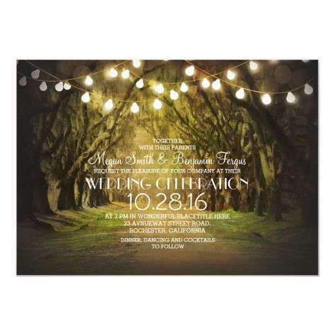 Rustic Wedding Invites, Rehearsal Dinner Invitations Rustic, Rustic Rehearsal Dinners, Lights Trees, Oak Tree Wedding, Tree Wedding Invitations, Chic Invitation, Rustic Bridal Shower Invitations, String Of Lights