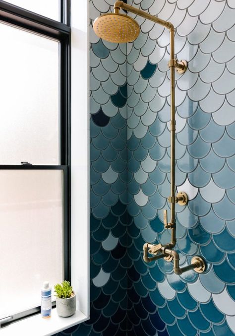 Bedstuy Brownie | Brownstone Boys Ombre Bathroom Wall Tile, Fish Scale Tile Bathroom, Ogee Drop Tile, Ombre Tile, Brownstone Boys, Mermaid Tile, Best Bathroom Flooring, Ogee Drop, Blue Bathroom Tile