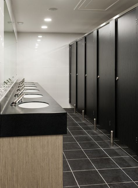 Black toilet cubicles Office Shower Design, Office Bathroom Design Small Spaces, Modern School Bathroom, School Washroom Design, Public Toilet Design Ideas, Commercial Toilet Design, School Toilet Design, Public Bathroom Aesthetic, Toilet Cubicle Design