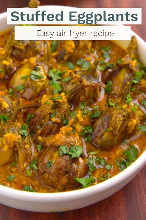 gutti vankaya- stuffed eggplants in air fryer Gutti Vankaya, Baingan Recipe, Recipe Air Fryer, Aubergine Recipe, Eggplant Curry, Stuffed Eggplant, Small Eggplant, Baked Eggplant, Telugu Wedding