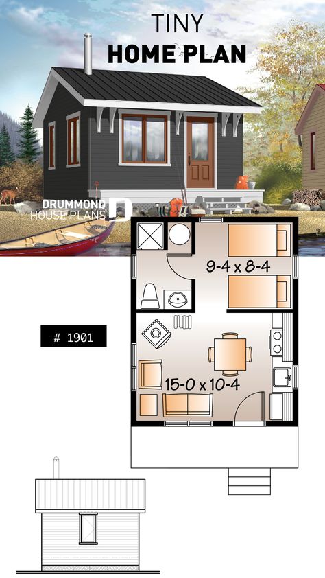 Small 1 bedroom cabin plan, 1 shower room, options for 3 or 4-season included, wood stove Small House Design Plans 1 Bedroom, Small Cabin Layout, Reka Bentuk Rumah Kecil, Tiny Homes Plans, 1 Bedroom House Plans, Cabin Plan, Small Cabin Plans, One Bedroom House, Little House Plans