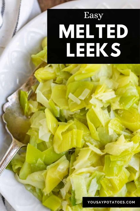 If you're looking to use leeks in a way that's versatile and easy, try out this Melted Leeks recipe. This simple method for slowly cooking leeks is easy to follow and results in a soft, melted leek that can be used in many different ways. Serve them as a side dish as is, or add them to a casserole, soup, or breakfast frittata. Baked Leeks Recipe, Leaks Recipe, How To Cook Leeks Recipes, Keto Recipes With Leeks, Buttered Leeks, Recipes With Leeks Simple, Crispy Leeks Recipe, Cooking Leeks, Melted Leeks