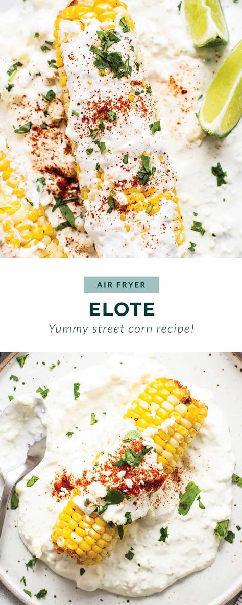 You're going to love this easy air fryer elote recipe! The fresh corn is seasoned and cooked to perfection, then rolled in a creamy spread full of cheesy and zesty Mexican flavors. Yum! Air Fried Corn On The Cob Recipe, Air Fryer Mexican Street Corn, Elote Corn Recipe Air Fryer, Mexican Street Corn On The Cob Air Fryer, Roast Corn In Air Fryer, Corn Recipes Cob, Elote Recipe, Street Corn Recipe, Seasoned Corn