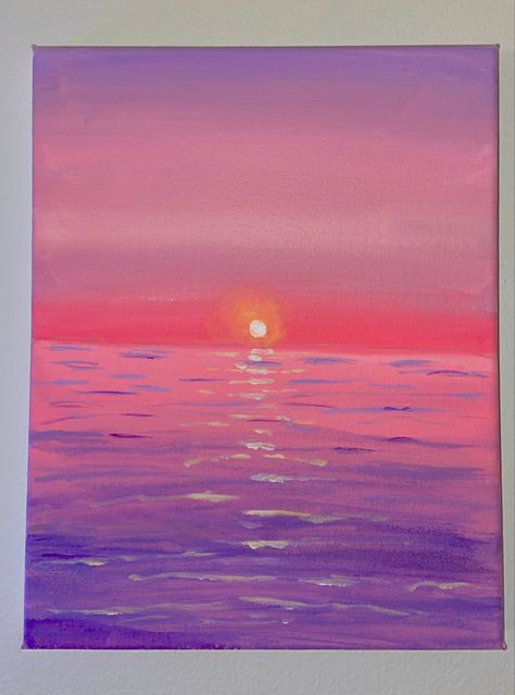 Pretty Sunsets Paintings, Oil Pastel Purple Sunset, Beach Sunrise Painting Easy, Cute Easy Sunset Paintings, Aesthetic Sunrise Painting, Purple Sunset Aesthetic Painting, Sunset Purple Painting, Sunset Water Drawing, Pink Sunset Aesthetic Painting