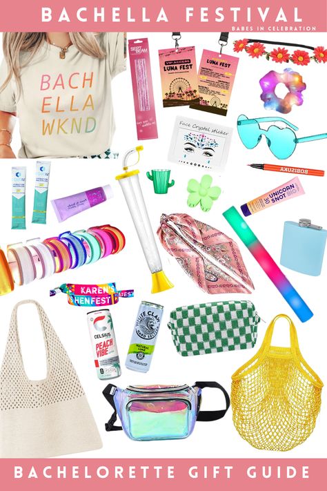 Bachella is the new Coachella! At least when it comes to the bachelorette world! This bachelorette party theme is so fun and creative! Bring the music festival vibes to your bachelorette weekend! Our gift guide has everything you need to create the perfect festival bag for your bridesmaids! Bachelorette Party Cochella, Bachella Bachelorette Party, Bachelorette Festival Theme, Festival Bachelorette Party Theme, Coachella Theme Bachelorette Party, Rave Theme Bachelorette Party, Coachella Party Favors, Music Bachelorette Party Theme, Music Festival Bachelorette Party