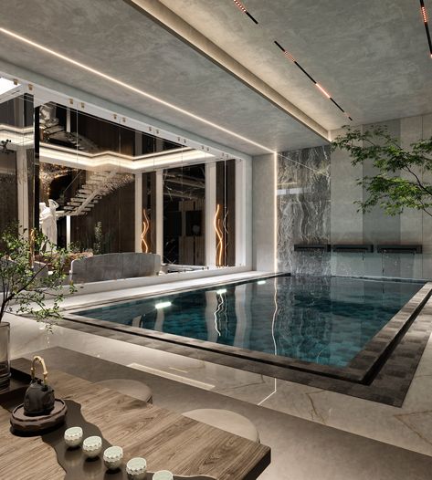 LUXURY MODERN INDOOR POOL :: Behance Modern Indoor Pool, Luxury Reception Design, Pool Design Modern, Luxury Reception, Luxury Cafe, Luxury Pools Indoor, Modern House Design Interior, Indoor Swimming Pool Design, Home Spa Room