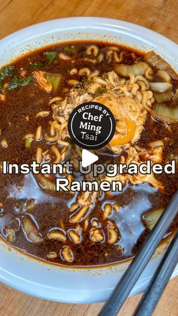 MingsBings on Instagram: "We’ve all had microwavable ramen... but have you had Chef @Mingtsai’s Instant Upgraded Ramen?? 🍜  INGREDIENTS 1 package Instant ramen (Choose one with chili oil and sauce, we used Samyang Hot Pepper JjaJang Ramen)  2 small heads bok choy, sliced into 1 inch pieces 2 scallions, sliced 20 oz of water  2 eggs Kosher salt and freshly ground black pepper  INSTRUCTIONS 1) In a medium saucepan, heat chili oil (if your ramen did not include oil, use 1 tbsp chili or neutral oil).  2) Add scallions and bok choy, sweat down. 3) Add 20 oz of water, bring to a boil, then add noodles. Cook for about 3 minutes.  4) Once the noodles have softened, crack two eggs directly into your pot so they sit on top of your noodles. Season eggs with S&P. Cover with a lid to cook eggs.  5) On Ramen Noodles With Boiled Egg, Ramen Chili Oil, Upgraded Ramen, Ramen Upgrade, Chili Oil Ramen, Ramen Ingredients, Ramen Seasoning, Ramen Egg, Cook Eggs