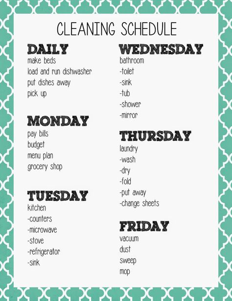 Cleaning Schedule--This seemed totally reasonable and doable until I saw that only one day a week is laundry day. Obviously this person doesn't have two young kids. Laundry Day Schedule, Apartment Vision Board, Cleaning Your House, Cleaning Routines, Home Maker, Shower Mirror, Clean Microwave, Organizing Home, Washing Laundry