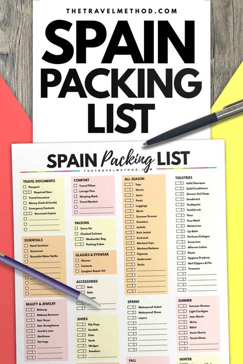 Spain Packing List (with Downloadable PDF Checklist) - The Travel Method Travel Abroad Checklist, Spain Travel Packing List, Malaga Packing List, What To Pack For Spain In November, Spain Packing List Fall, Madrid Packing List Fall, Spain Travel Essentials, Packing For Spain In October, Spain Packing List Summer