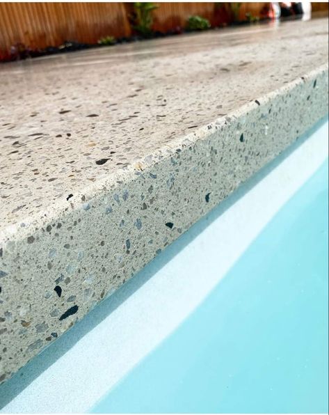 Terrazzo Pool Tiles, Terrazzo Pool Deck, Terrazzo Pool, Backyard Tiles, Cantilever Pool, Pool Edging, Pool Area Landscaping, Pool Privacy, Aggregate Patio