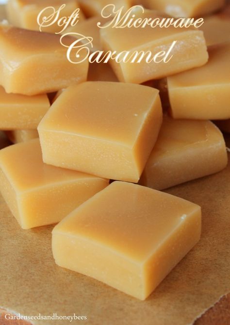 Soft Microwave Caramels - Garden Seeds and Honey Bees Easy Caramels, Soft Caramels, Caramel Squares, Caramel Recipe Easy, Microwave Caramels, Ginger Chews, Caramel Ingredients, African Dessert, Karo Syrup