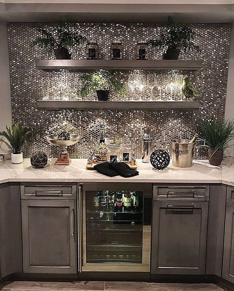 Diy Kitchen Backsplash, Home Coffee Bar, Coffee Bar Home, Home Bar Designs, Basement Design, Bar Ideas, Trendy Home, Style At Home, Basement Remodeling