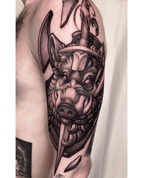 blackwork tattoo, tattoo inspiration, blackwork artist Satanic Tattoos, Ma Tattoo, Pig Tattoo, Realistic Tattoo Sleeve, Creepy Tattoos, Mask Tattoo, Inked Tattoo, Traditional Tattoo Design, Dark Art Tattoo