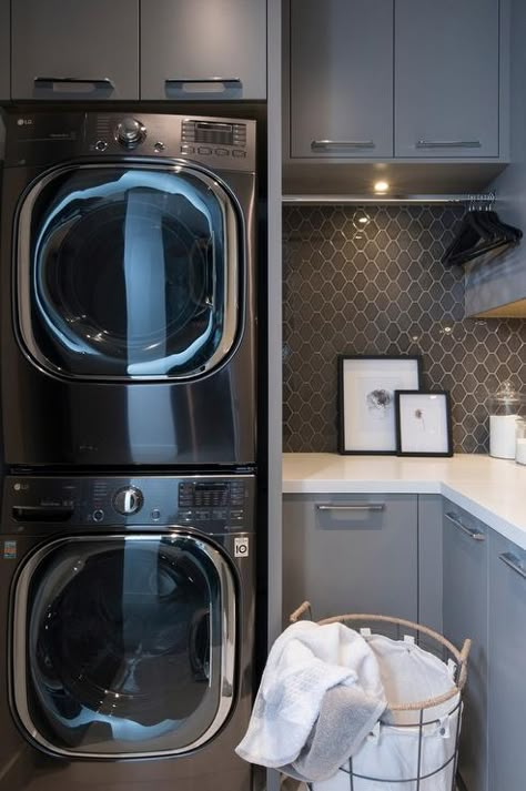 Dark Grey Washer And Dryer Laundry Room, L Shaped Laundry Room With Stacked Washer Dryer, Dark Gray Washer And Dryer Laundry Room, Grey Washer And Dryer, Blue Washer And Dryer Laundry Room, Laundry Rooms With Stacked Washer Dryer, Laundry Room Stacked Washer And Dryer, Laundry Room Ideas Stacked Washer Dryer, L Shaped Laundry Room