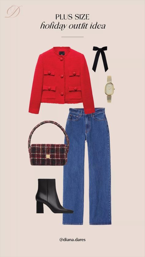 Outfits Pear Shape, Office Party Outfit, Red Cropped Jacket, Holiday Outfit Inspo, Tweed Jacket, Party Outfit, Plus Size, Outfit Inspo, Christmas