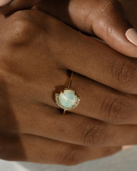 DetailsMaterial: 14k/18k GoldColor Options: Yellow Gold, White Gold, Rose Gold★ Center StoneEthiopian Opal, RoundSize: 8 mmApprox Weight (Ct): 1.396★ Accent StonesDiamond RoundSize: 1.4 mm * 13 NosApprox Weight (Ct): 0.143 Modern Opal Ring, Ring Redesign, Opal Promise Ring, Cute Promise Rings, Rings Opal, Opal Diamond Ring, Opal Engagement Ring, Custom Jewellery, Eternity Rings