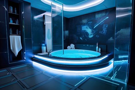 Cyberpunk Bathroom Designs Cyberpunk Bathroom, Futuristic Bathroom Design, Contemporary Bathroom Inspiration, Cyberpunk Interior, Futuristic Bathroom, Futuristic Room, Sunken Bathtub, Futuristic Bedroom, Estilo Cyberpunk