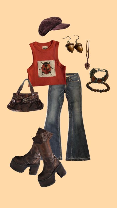 oitfit inspo! ~ 🤎🐞 #ladybugvibe #ladybug #ladybugaesthetic #earthy #outfit #inspo #outfitinspo #inspiration #cute #aesthetic #grunge #y2k #fit #pinterest #shuffle #inspiration #style #fashion #fyp Artsy Y2k Outfits, Y2k Outfit Board, Shuffle Inspiration, Early 2000s Clothes, Pinterest Shuffle, Outfits Bonitos, Green Academia, Witch Vintage, Socal Style