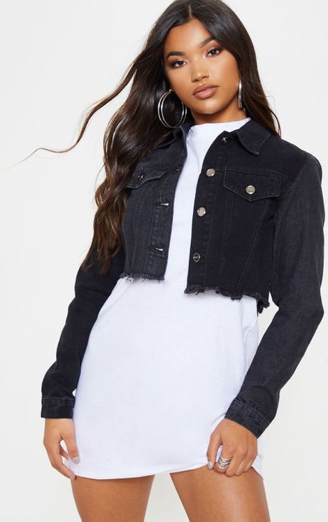 Cropped Black Denim Jacket, White Tshirt Dress, Jean Jacket Outfits, Denim Jacket Outfit, Denim Skirt Outfits, Crop Jean Jacket, Jacket Outfit, Outfit Trends, Cropped Denim Jacket