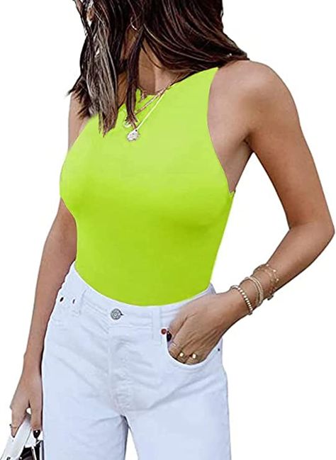 PALINDA Women's Scoop Neck Sleeveless Tank Top Bodysuit Stretchy Bodycon Leotards Racer Back Tank Tops Outfits, Halter Neck Bodysuit, Tank Top Bodysuit, Casual Tanks, Green Tank Top, Green Tank, Sleeveless Bodysuit, Amazon Shopping, Casual Tops For Women