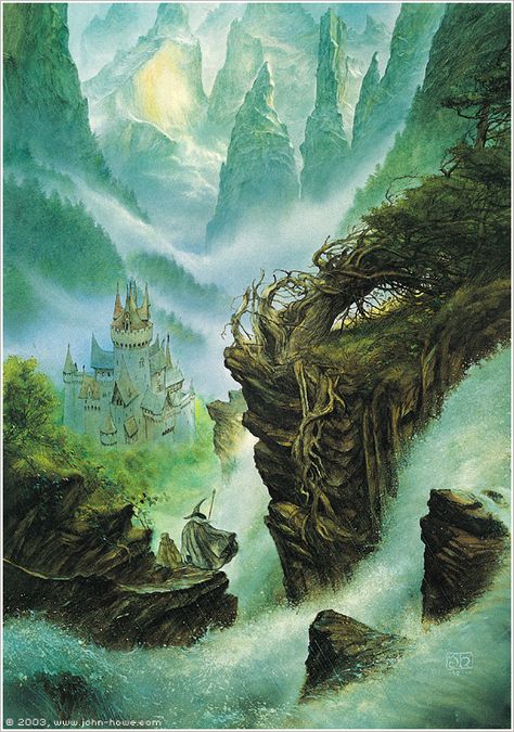 Descent into Rivendell (Pt. 2) ~ John Howe.  This must be the scene when Gandalf is returning Bilbo to Hobbiton toward the end of 'The Hobbit', and they spend some time in Rivendell. Tolkien Illustration, Alan Lee, John Howe, Middle Earth Art, Tolkien Books, Tolkien Art, Lotr Art, Fellowship Of The Ring, Jrr Tolkien