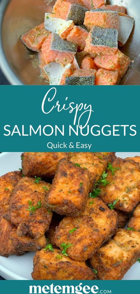 Crispy salmon nuggets are coated in well-seasoned breadcrumbs and then deep-fried to tender golden perfection. This recipe has Whole30 and Paleo options, as well as air fryer and oven instructions. Serve these delicious salmon bites as an appetizer, snack, or main course. Salmon Nuggets, Fried Salmon Recipes, Salmon Bites Recipe, Guyanese Recipes, Crispy Salmon, Salmon Bites, Pan Fried Salmon, Nuggets Recipe, Fried Salmon