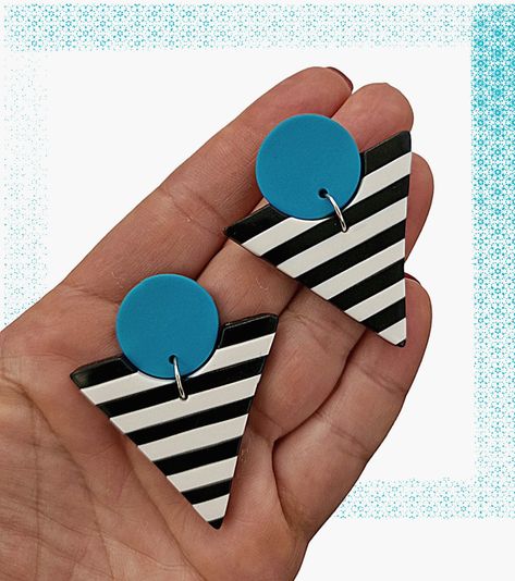 "Geometric Polymer Clay earrings, Triangle earrings Studs, Turquoise earrings Dangle, Black and White Striped earrings, Birthday Gift for Her Welcome to EriolaJewelryAtelier! Here you will find Statement Polymer clay jewelry! If you are looking for a unique piece of jewelry, made out of love for craftsmanship and uniqueness, you are at the right place :)  The earrings are available as posts or clips on. Lightweight and made for easy wearing.  \"Fantastic earrings 🙂 Lovely quality and they're easy to wear. Thank you and I'll be back for more!\" One of a kind pair of earrings, totally handcrafted from high-quality polymer clay. Using the classical black and white to create a unique jewelry design. Part of my \"Black and White\" jewelry collection. Color of the round bead - at your choice: O Triangle Earrings Dangle, Turquoise Bead Earrings, Earrings Triangle, Polymer Clay Bracelet, Triangle Earrings Stud, Clay Work, Turquoise Earrings Dangle, Unusual Earrings, Bold Jewelry