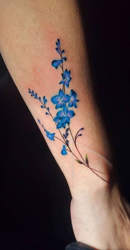 Larkspur Birth Flower Tattoo, Larkspur Flower Tattoo Color, Floral Collar Bone Tattoo, Delphinium Flower Tattoo, July Birth Flower Tattoo Larkspur, Larkspur Flower Tattoo, Delphinium Tattoo, Flower Vine Tattoo, Larkspur Flower Tattoos