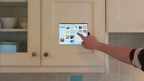 iPad merges with kitchen cabinet, sacrificing portability for utility Kitchen Ipad, Gadget Tecnologici, Simple Furniture, Diy Kitchen Cabinets, In Kitchen, Home Automation, Diy Kitchen, Kitchen Cabinet, Dream Kitchen