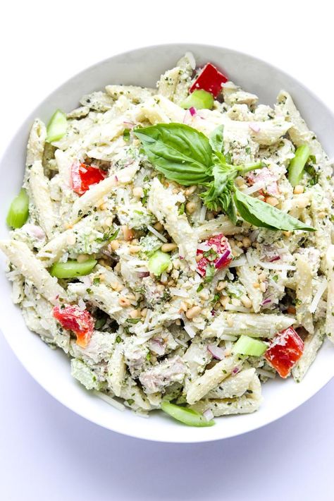 Creamy pesto chicken pasta made with healthy Greek yogurt, vegetables, and cooked chicken | littlebroken.com @littlebroken Pesto Pasta Recipes Chicken, Creamy Pesto Chicken Pasta, 400 Calorie Meals, Healthy Greek Yogurt, Pesto Chicken Pasta, Healthy Lunches, Making Lunch, Pasta Salad Recipes, Carb Diet