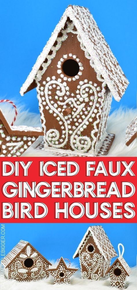 DIY Iced Faux Gingerbread Birdhouses ⋆ Dream a Little Bigger Holiday Birdhouses, Faux Gingerbread, Diy Gingerbread, Easy Gingerbread, Hand Painted Birdhouses, Birdhouse Ornaments, Gingerbread Diy, Vintage Christmas Crafts, Gingerbread Crafts