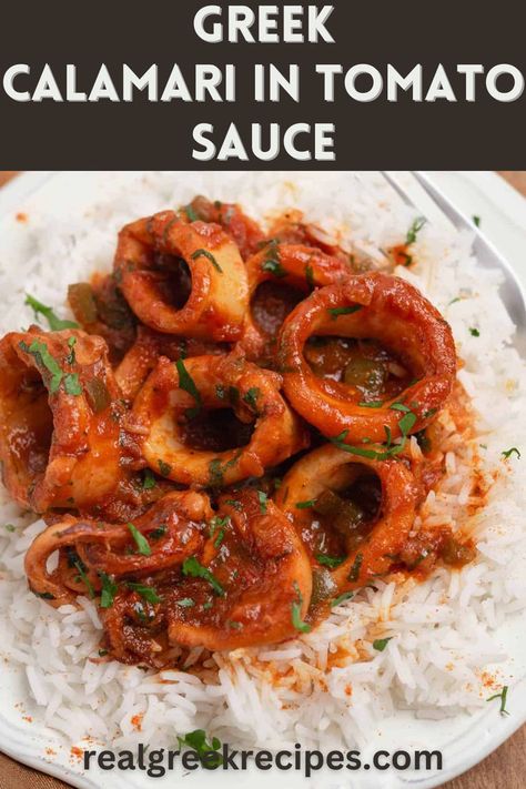 Hearty, saucy, squid in tomato sauce. One of the best easiest ways to cook tender squid / calamari! Squids Recipe, Baked Squid Recipes, Sauce For Calamari, Greek Calamari Recipes, Squid Tentacles Recipe, Squid In Tomato Sauce, Healthy Calamari Recipes, How To Clean Squid For Calamari, Cooking Calamari